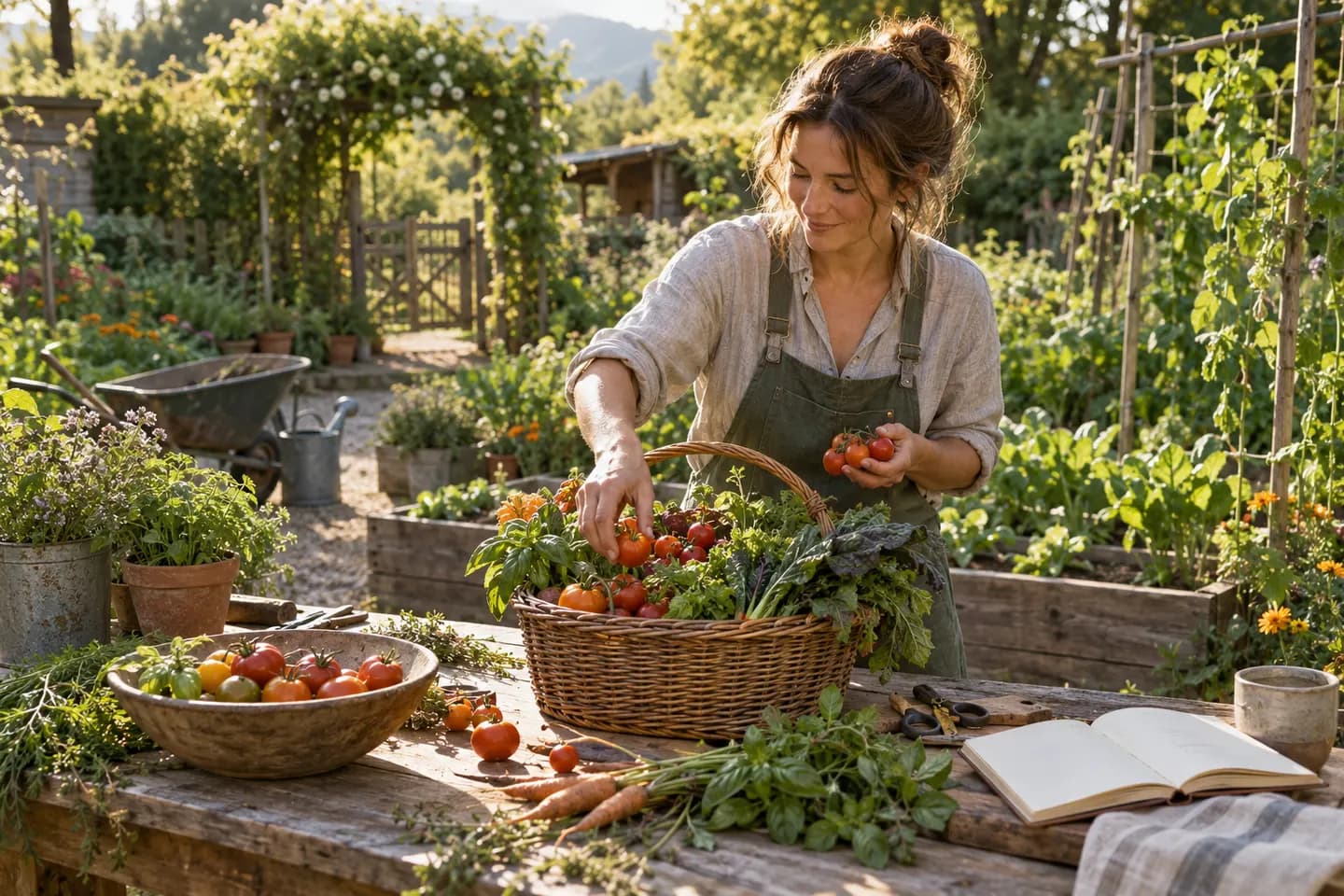 Illustrative gardener sorting fresh tomatoes, herbs and greens at a vegetable-garden workbench